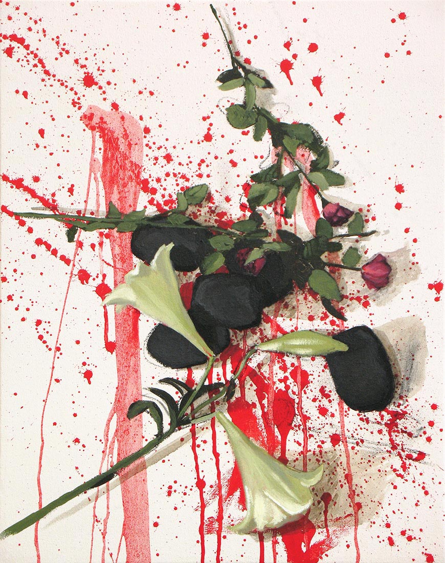 painting of coal blood and flowers by Michel Schneider